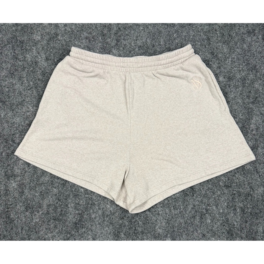 Victorias Secret Womens Oatmeal Heather Fleece Lounge Shorts Logo Tan Medium